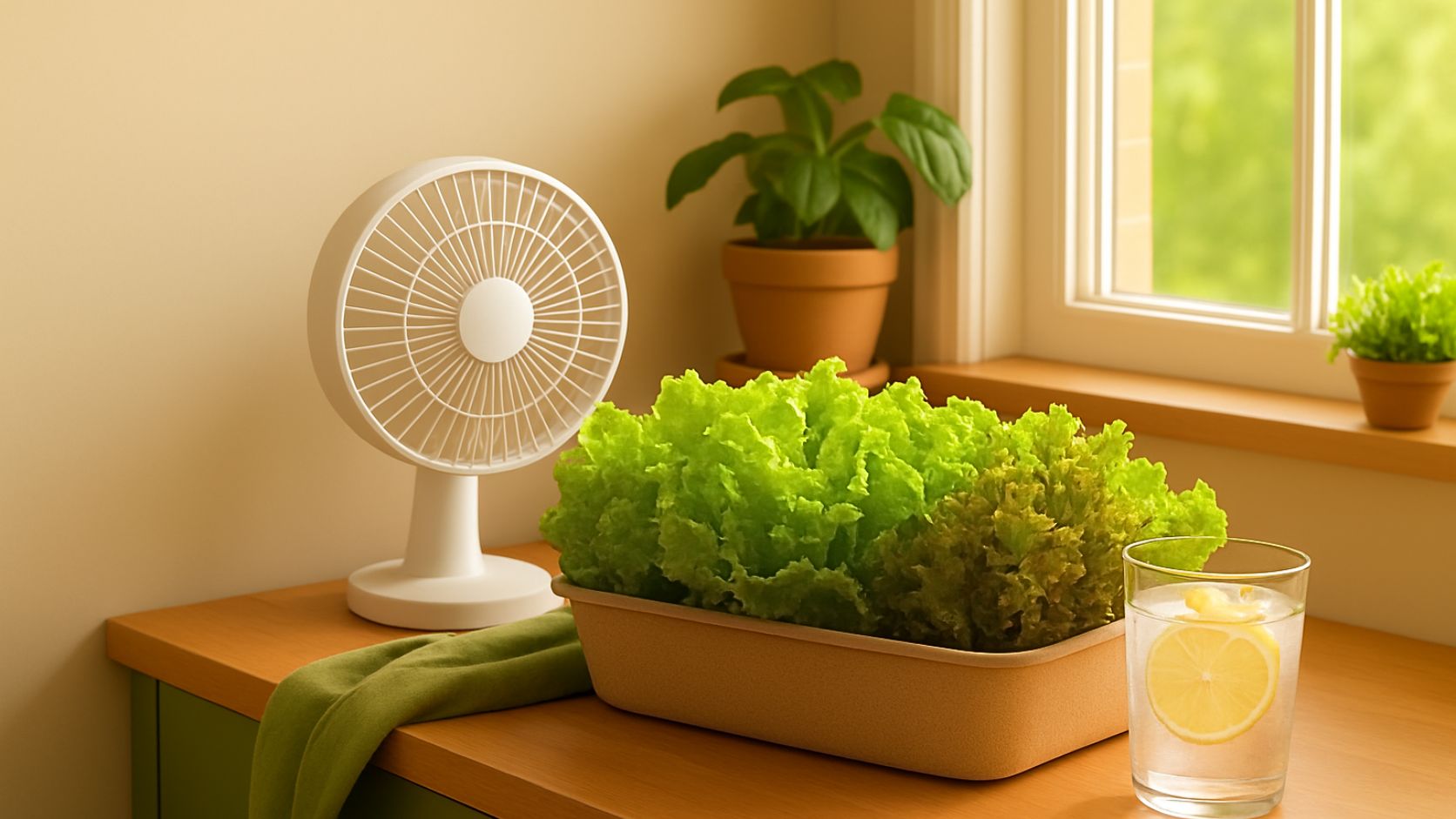 Lettuce growing in hot weather indoors beside a fan and sunny window