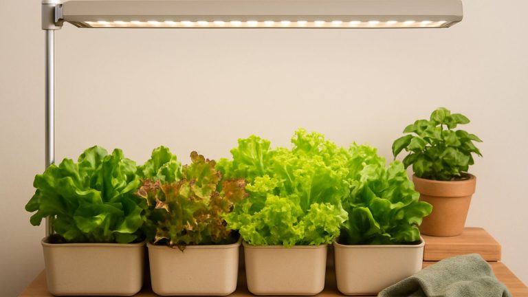 Indoor lettuce growing beneath an LED grow light
