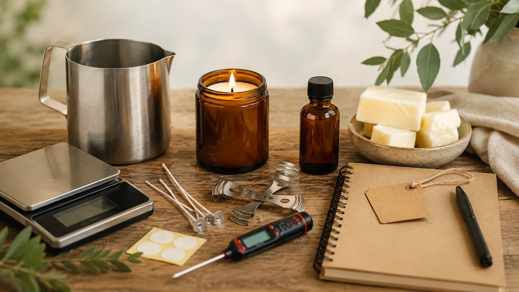Beginner container candle making supplies with wax, wicks, pouring pitcher, scale, thermometer, and candle jar