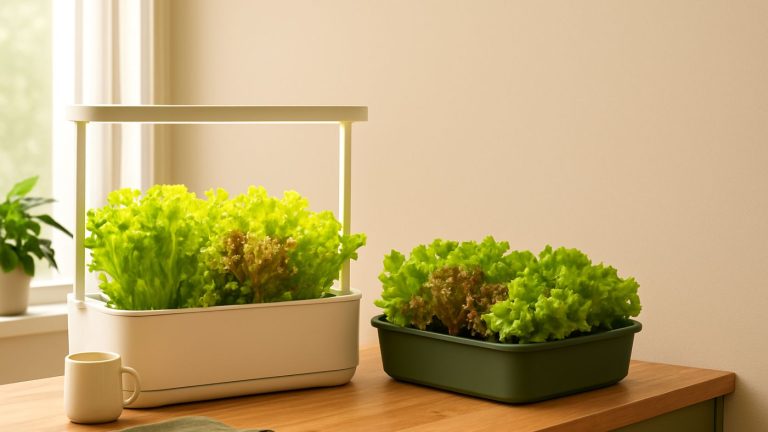Countertop hydroponic garden and soil-grown leafy greens indoors