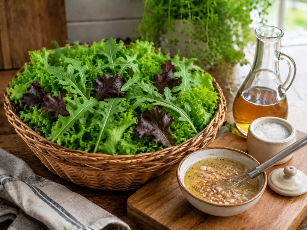A small harvest of greens with homemade vinaigrette, salt cellar, and vinegar cruet
