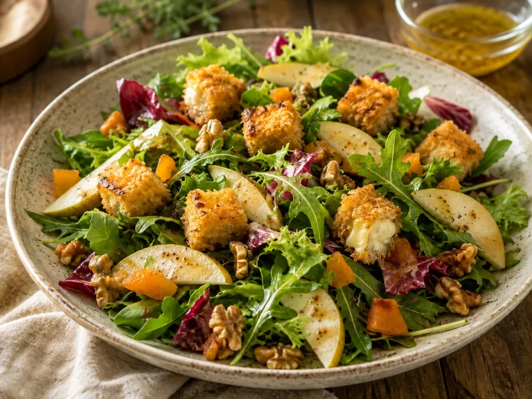 Mesclun and arugula salad with pear, walnuts, dried apricots, and warm Cambozola croutons