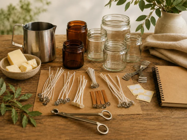 Choosing candle wicks for container candles with cotton wicks, wooden wicks, jars, wax, and a wick trimmer
