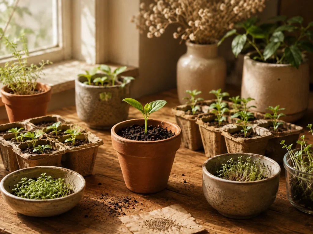 Seedlings and herbs growing indoors at home