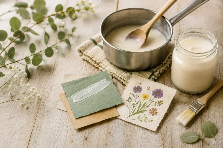 Homemade flour glue in a glass jar with a saucepan, paintbrush, and handmade paper crafts