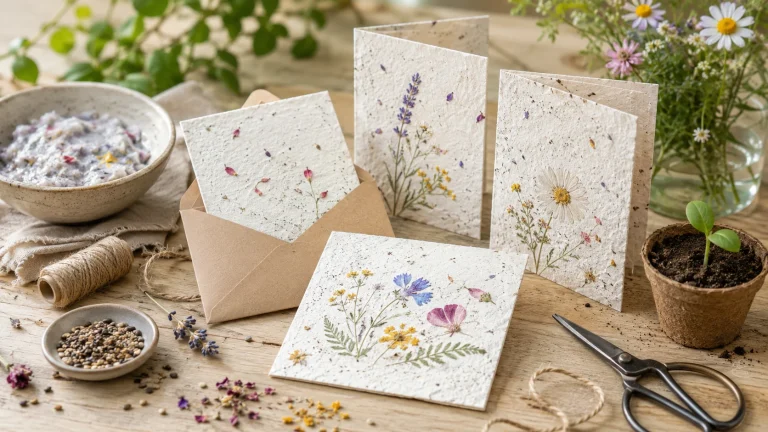 Handmade plantable seed paper greeting cards with wildflower seeds and craft supplies